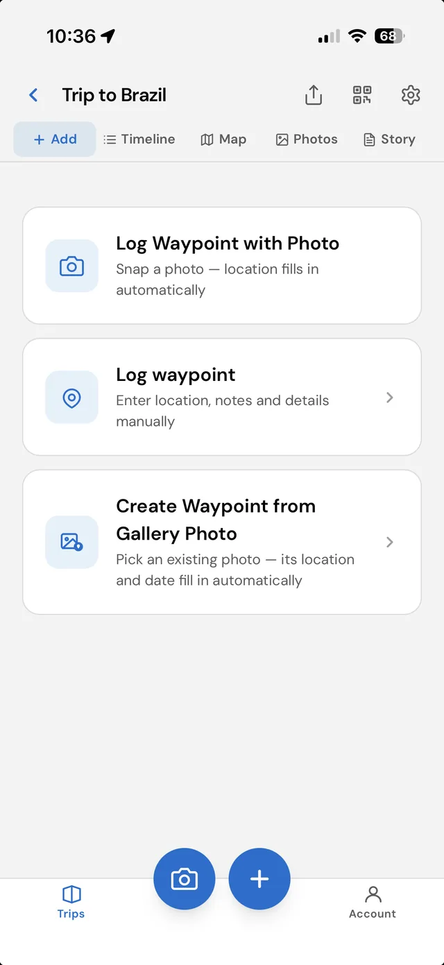 The MyTripLog capture screen on an iPhone, offering three ways to log a stop: log a waypoint with a photo, log one manually, or create one from a photo already in the gallery.